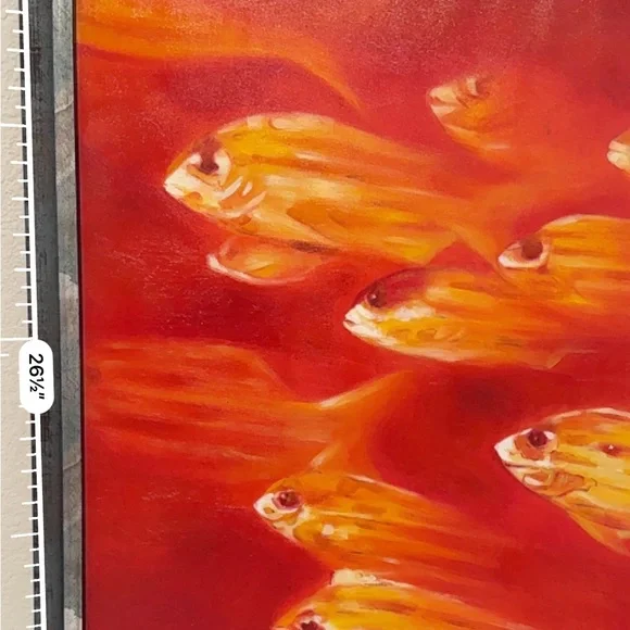 🆕 “Golden Harmony” School of Fish Original – 25.5”x26.5” Framed Oil on Canvas - Picture 11 of 16
